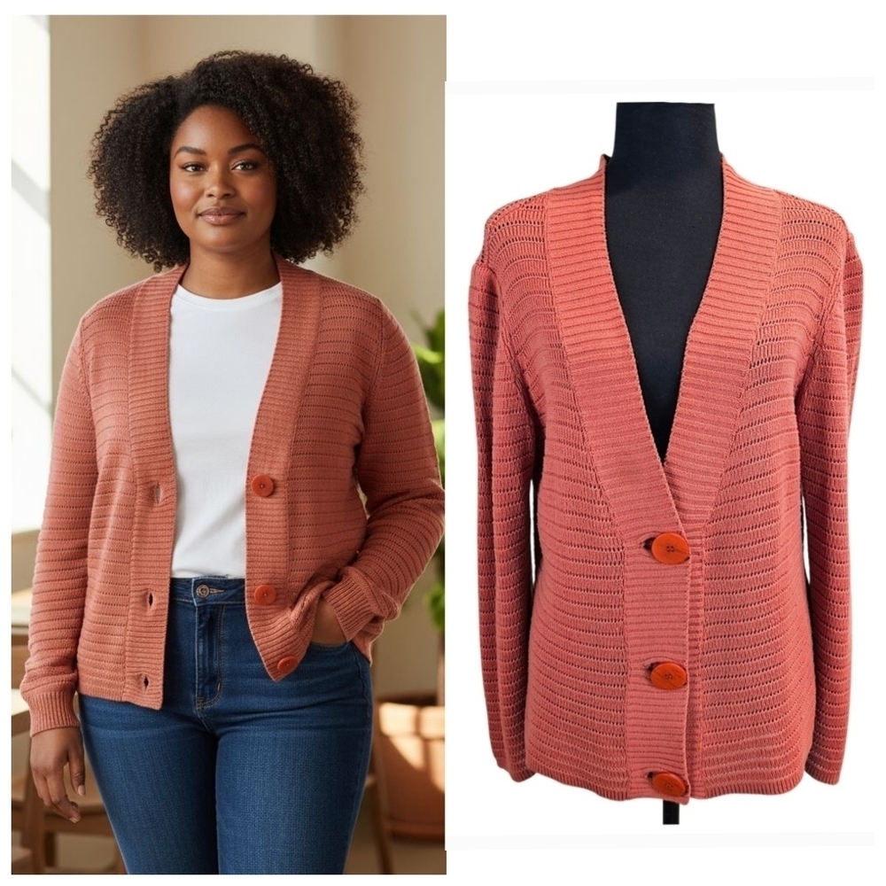 Vtg Talbots V-Neck Cotton Knit Cardigan L Rust Terracotta Casual Capsule Classic